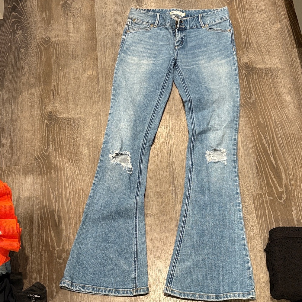 Free People Light Wash Distressed Flare Jeans